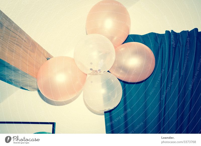 Paaarty Music Balloon Blue Yellow Pink Party Hang Vintage Retro Colour photo Interior shot Deserted Copy Space left Copy Space right Copy Space top