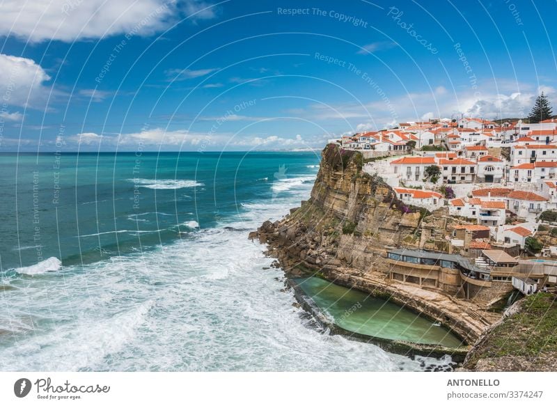 Cliff at Azenhas do Mar on the Portuguese Atlantic coast Vacation & Travel Tourism Summer Ocean Waves Environment Landscape Sky Clouds Horizon Sunlight Rock