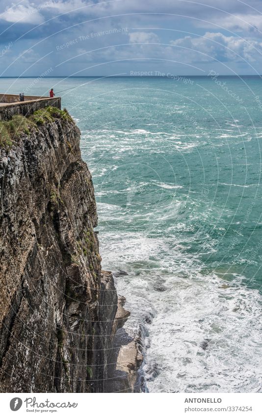 Fisherman on the cliff of Azenhas do Mar Fishing (Angle) Vacation & Travel Tourism Waves Aquatics Environment Nature Landscape Water Bad weather Rock Coast