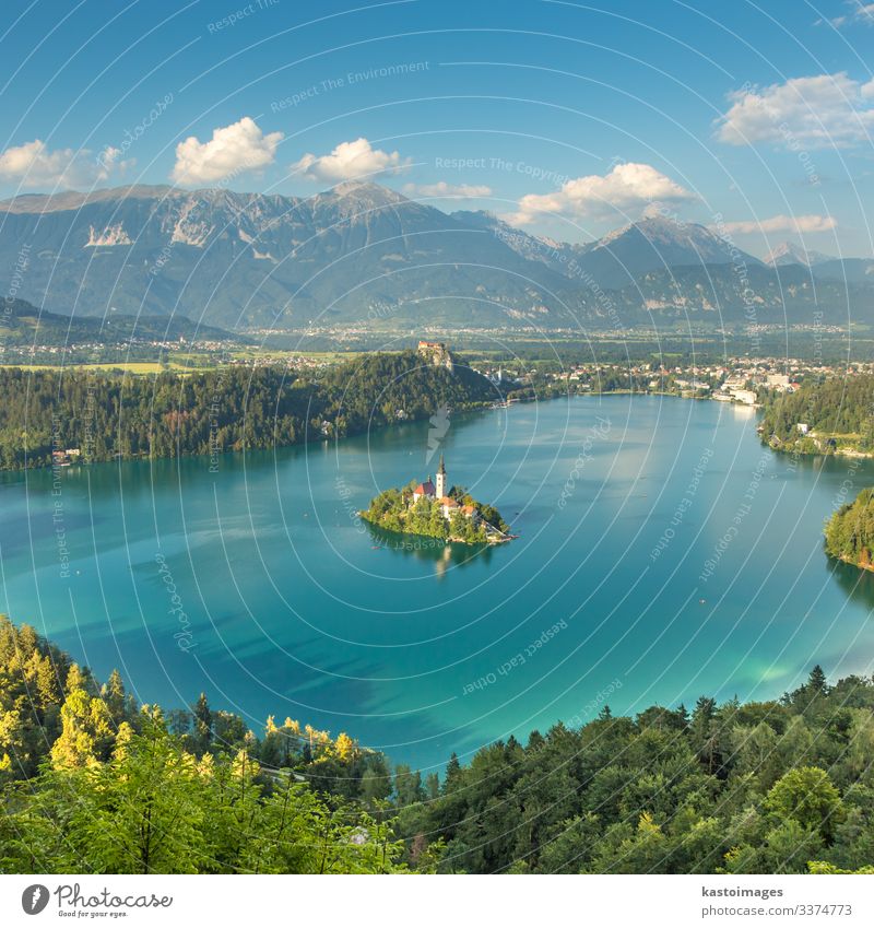 Panoramic view of Lake Bled, Slovenia Beautiful Vacation & Travel Tourism Island Mountain Nature Landscape Autumn Forest Hill Alps Village Town Church Castle