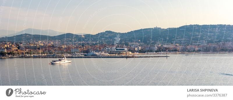 Panoramic view of Cannes, coastline Cote d'Azur, France Luxury Beautiful Vacation & Travel Tourism Summer Beach Ocean Landscape Coast Town Harbour Architecture