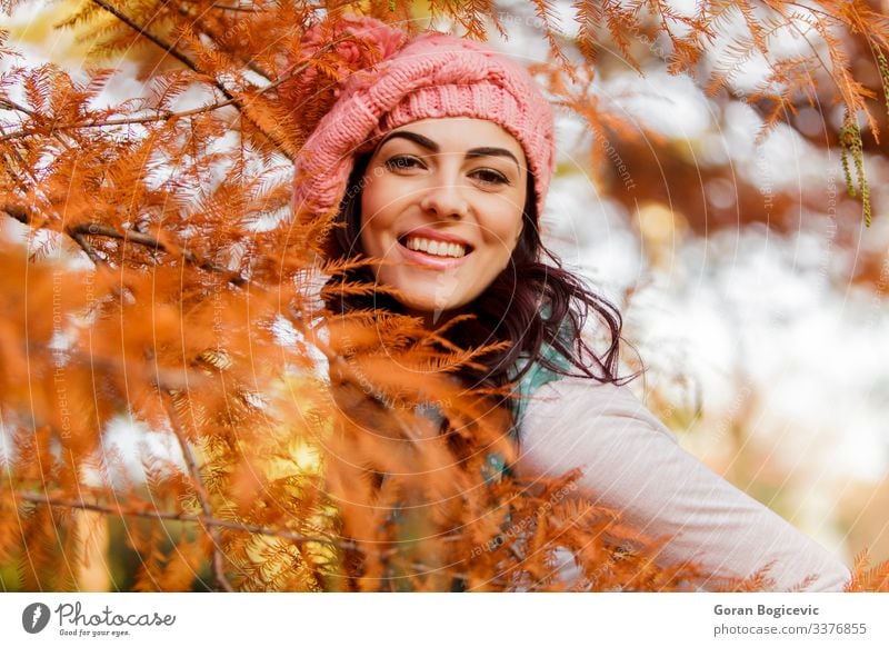 Young woman at autumn forest Lifestyle Style Happy Beautiful Face Human being Youth (Young adults) Woman Adults 1 18 - 30 years Nature Autumn Tree Leaf Park