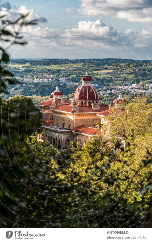 Panorama with the Monserrate palace in the Sintra region Elegant Vacation & Travel Tourism Summer Architecture Environment Landscape Plant Sky Clouds Tree