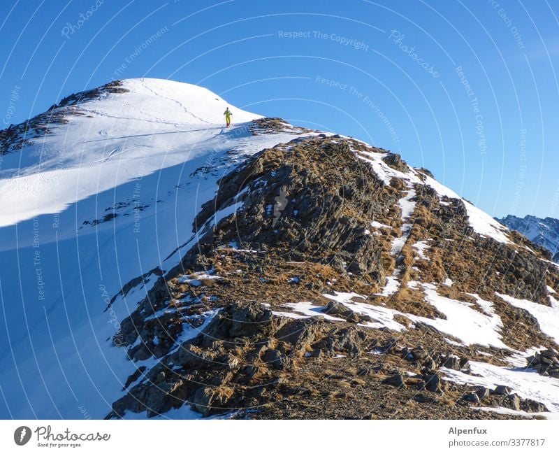 a dwarf goes up the mountain ... | climate change Mountaineering Climbing Sky Alps Peak Hiking Exterior shot Rock Snowcapped peak Nature Landscape Colour photo