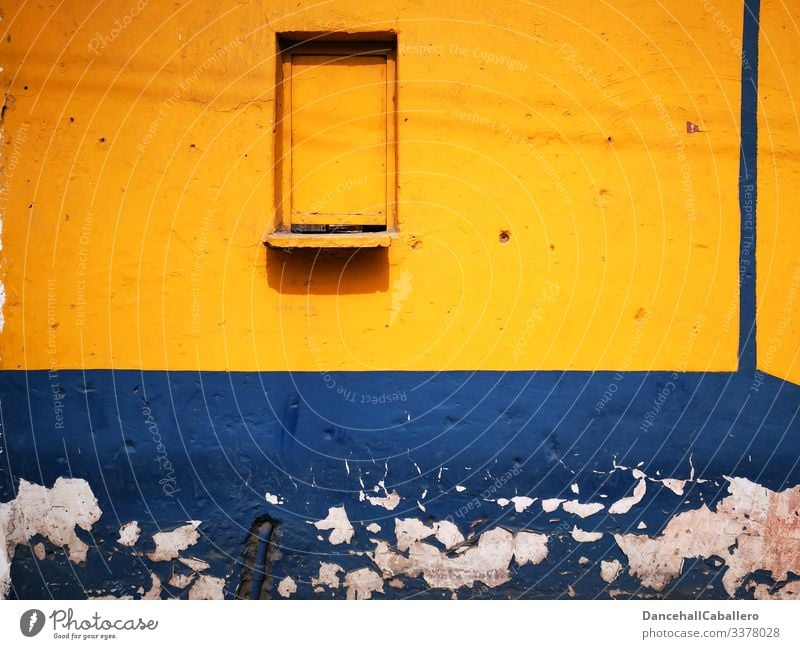 blue yellow wall with a closed window Wall (building) Wall (barrier) Window Old Facade Architecture Closed Gloomy Building Broken Flake off Blue Yellow