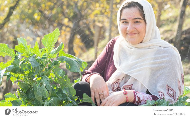 Close-up portrait of a young Muslim girl with white scarf at cabbage garden hijab attractive expression culture people ethnic teenage fashion outdoor cover