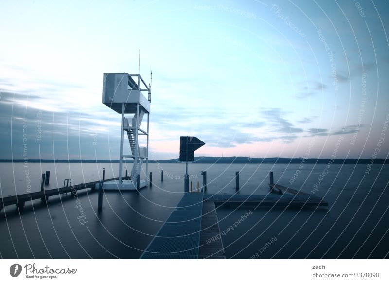 jetty at the lake, rescue tower at Müggelsee Lake Großer Müggelsee Lake Sky Lakeside Nature Exterior shot köpenick Berlin Friedrichshagen Long exposure Blue