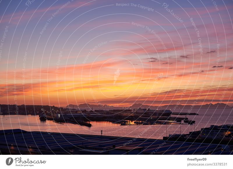 Sunset over the port of Vigo (Galicia, Spain) sea ocean horizon altitude sunset sky clouds night shoreline coastal water buildings elegant inspired outlook