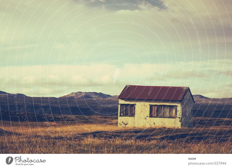 unknown spoilt Far-off places Freedom House (Residential Structure) Nature Landscape Sky Clouds Horizon Beautiful weather Grass Meadow Hut Ruin Facade Window