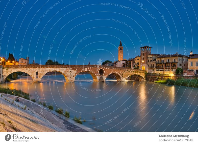 Verona by night adige architecture cityscape culture destinations europe European evening illuminated Italian italy old panoramic ponte romantic scene town