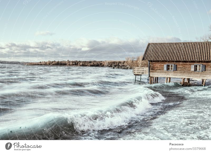 Storm at Ammersee Tourism Waves Aquatics Kiting Surfing windsurfing Landscape Lakeside Lake Ammer Blue Turquoise Moody Colour photo Exterior shot