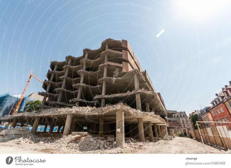 Core removed Building exterior built Manmade structures gutted Construction site refurbishment Cloudless sky Downtown Wide angle