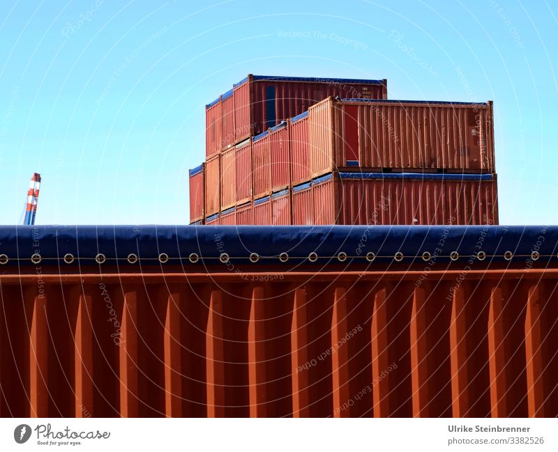 Red containers in the port of Hamburg Container Harbour storage Transport Port of Hamburg Container terminal Logistics ösen Metal keeper cargo