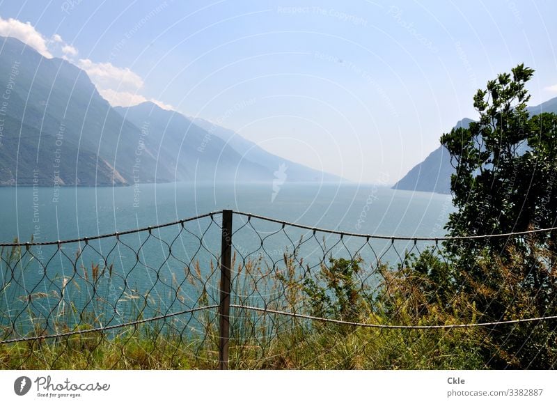 Lake Garda Riva del Garda Monte Brione Mountain Sky Fence Tree Bushes Clouds Vantage point wide Peak Horizon Summer hike Italy northern italy Trentino