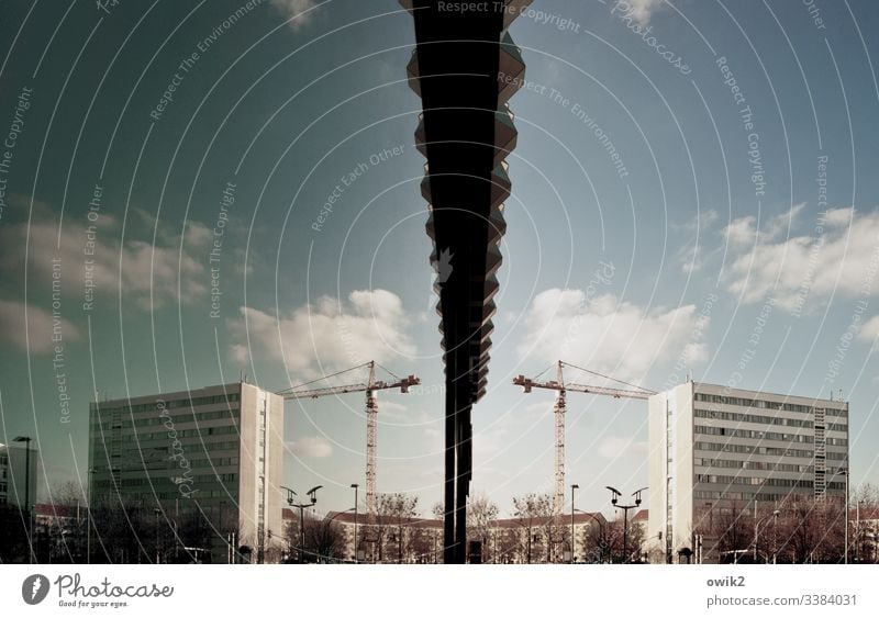 Ambiguous Dresden City Downtown Saxony state capital High-rise Construction crane Construction site Sky Clouds reflection urban Shop window Glass Pane