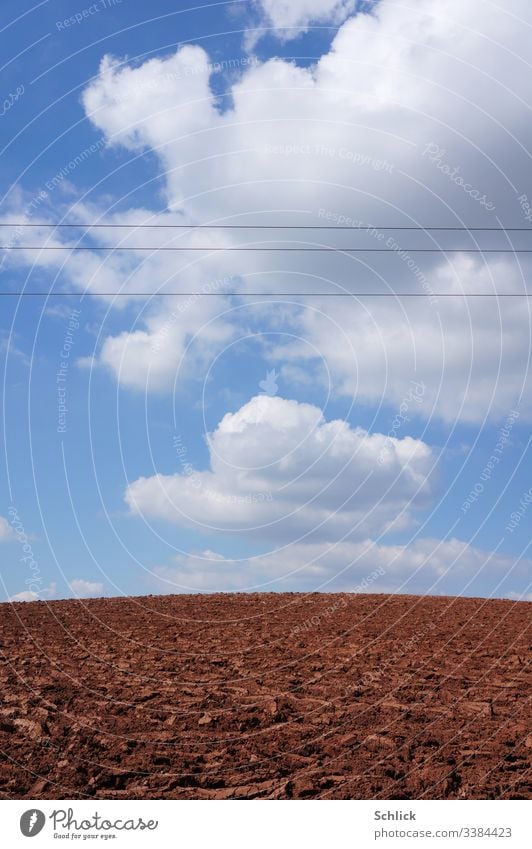 Bald fields and sky with cumulus clouds cut through by power lines Monoculture acre Field Cumulus Clouds High voltage power line Horizon Hill Manmade landscape