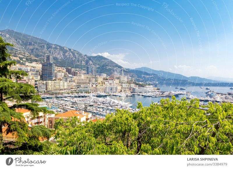 Panoramic view of Fontvieille and harbor with boats, luxury yachts in principality of Monaco, southern France monaco carlo monte palace f1 grand skyline formula