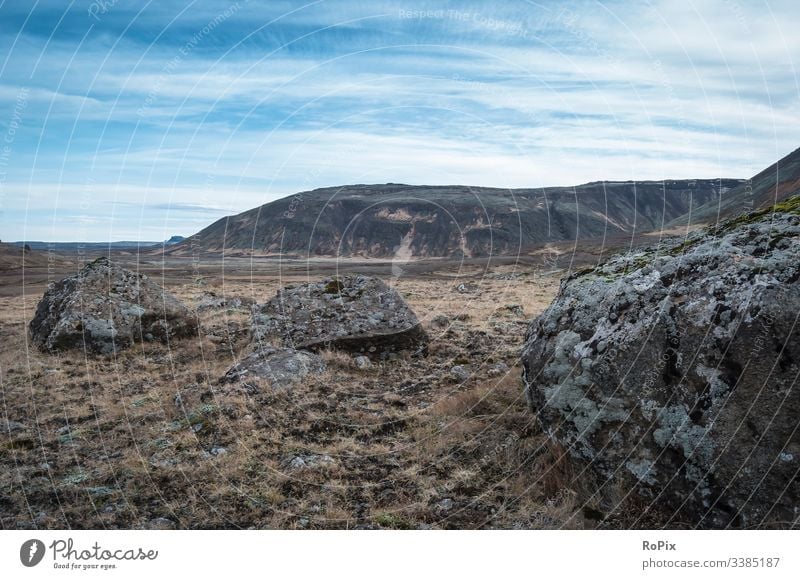 Remote landscape on Iceland. rocks monochrome vulcanic white water reflection black frost morning nature winter foggy beautiful season mountain misty adventure