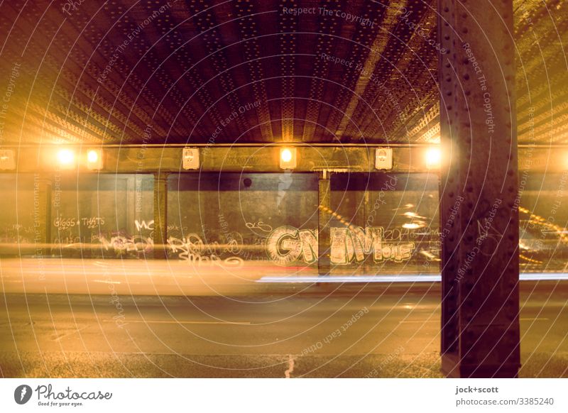 Time in the tunnel motion blur Long exposure Ravages of time Symmetry Tunnel lighting Retro Column Graffiti Street Silhouette Structures and shapes Mobility