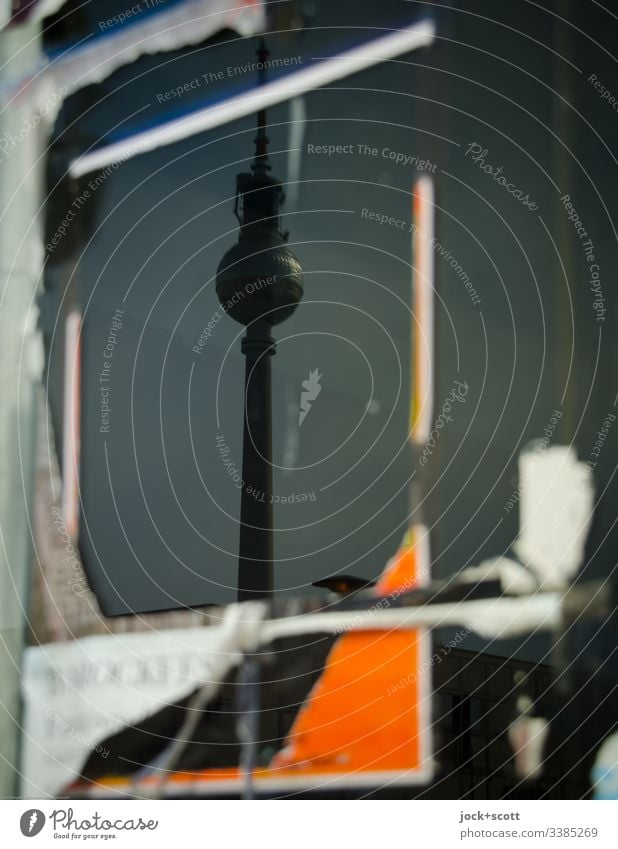 Torn down and mirrored, tower and poster Reflection Silhouette Abstract Berlin TV Tower Alexanderplatz Downtown Landmark Shop window blurriness Low-key outline