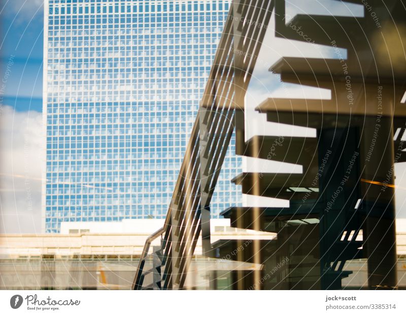 Alexanderplatz with hotel and stairs in the mirror Town Architecture Reflection Silhouette Downtown Shop window Sunlight Hotel Downtown Berlin Stairs Banister