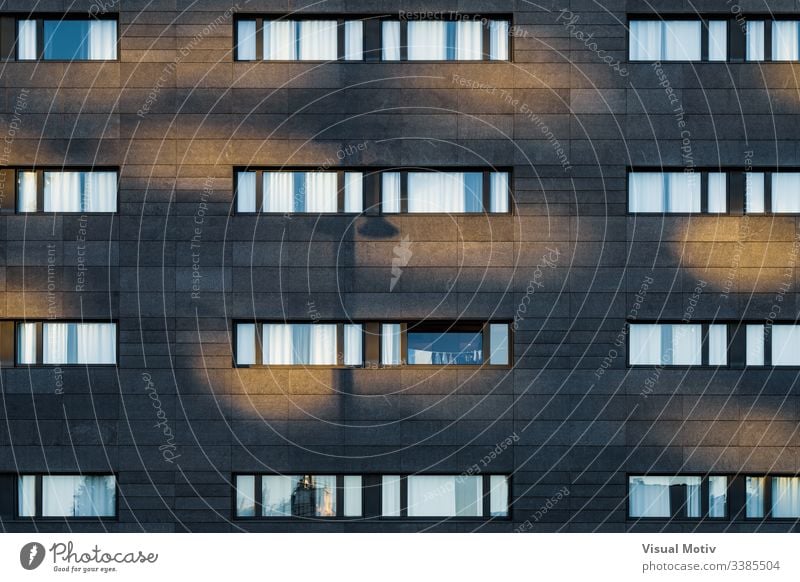 Afternoon light over the black facade of an urban building windows rows structure Architecture abstract building facade urban facade color exterior repetition