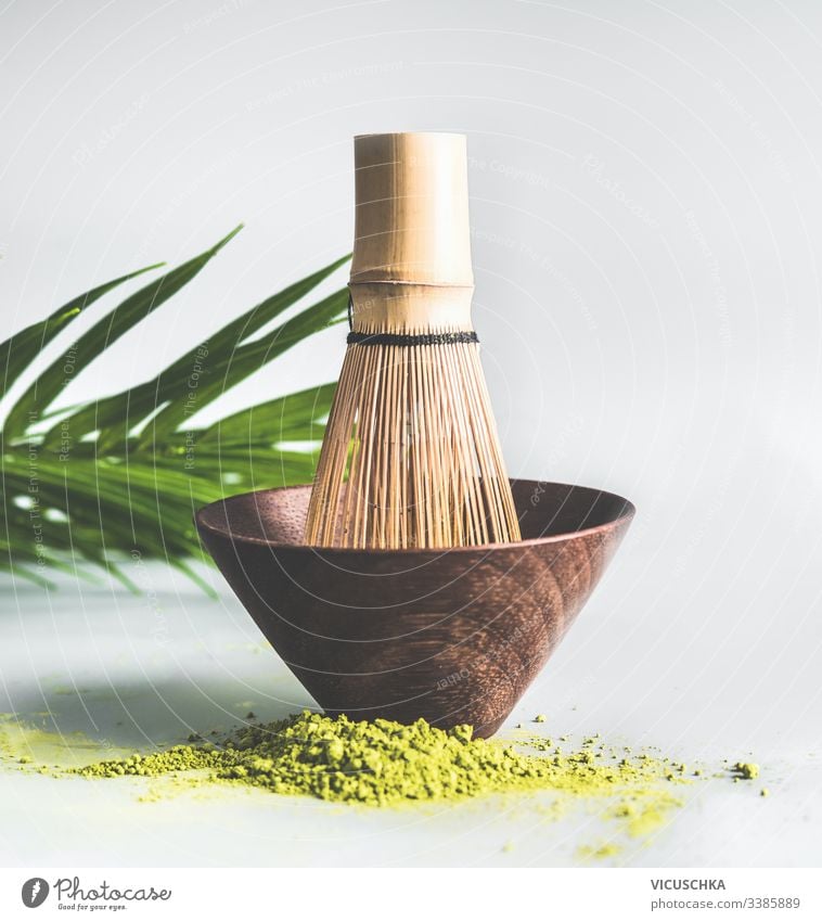 Matcha whisk set with green matcha powder matcha tea antioxidant lifestyle japan aromatic zen herbal ingredient medicine japanese drink traditional background