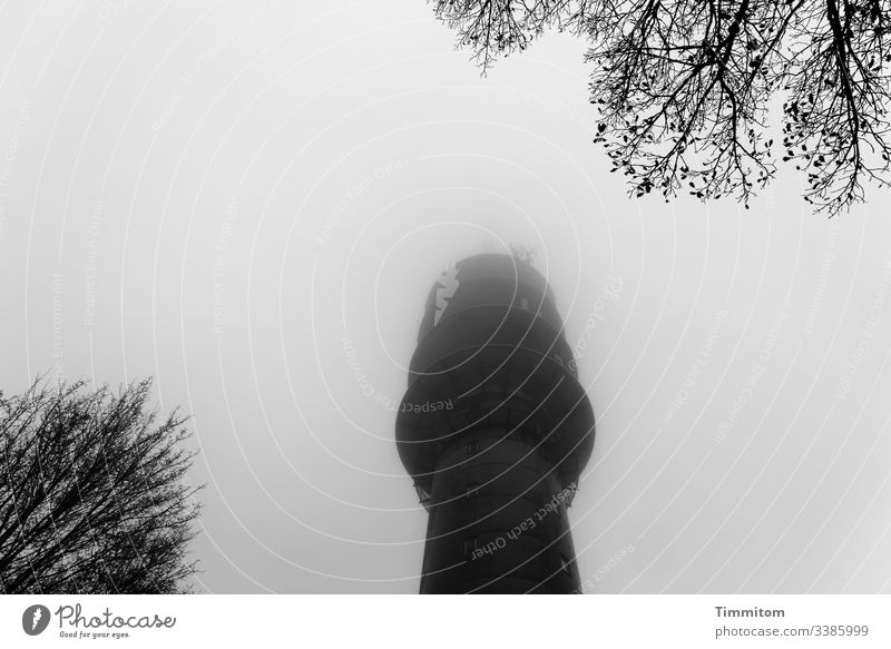 Telecommunications tower in winter fog Winter Fog Black & white photo conceit somber huts Architecture chill Exterior shot Deserted