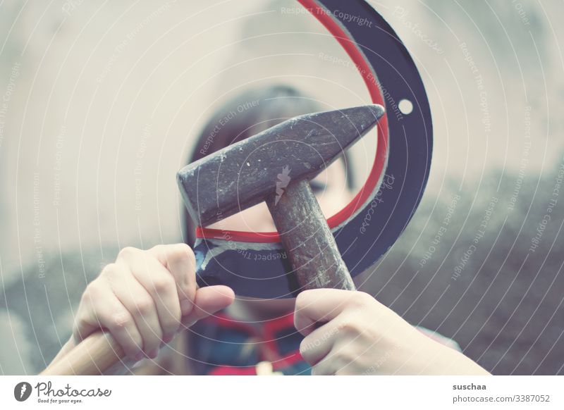 man holds a hammer and a sickle in his face Hammer Human being person Youth (Young adults) Soviet Union Politics and state Russia Socialism Might Past Red Army