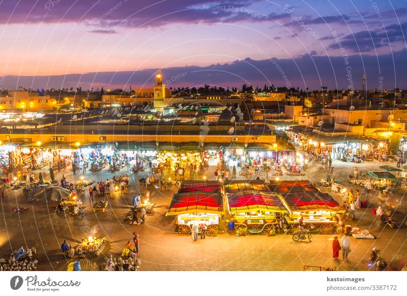 Jamaa el Fna market square in sunset, Marrakesh, Morocco, north Africa. marrakesh morocco marrakech africa jamaa fna crowd african jemaa business travel tourism