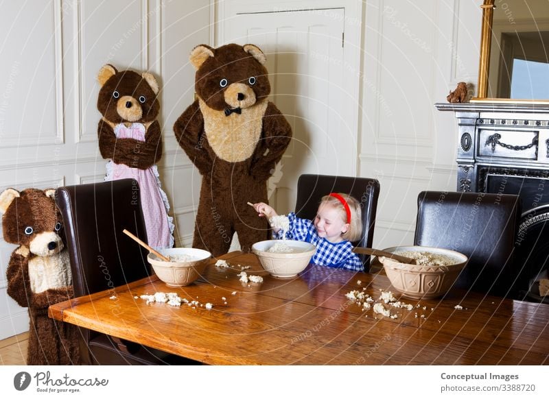 Goldilocks and the three bears 4 5 years Bear Bowl Breakfast Childhood Children Clothing Costume Dining room Eating Fairy tale Females Fictional character Food