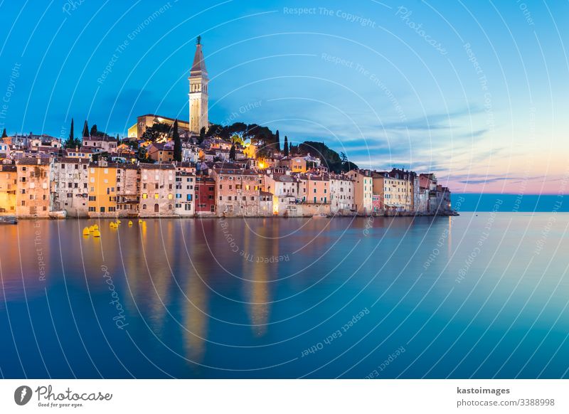 Colorful sunset of Rovinj town, Croatian fishing port on the west coast of the Istrian peninsula. rovinj croatia adriatic sea europe travel building destination