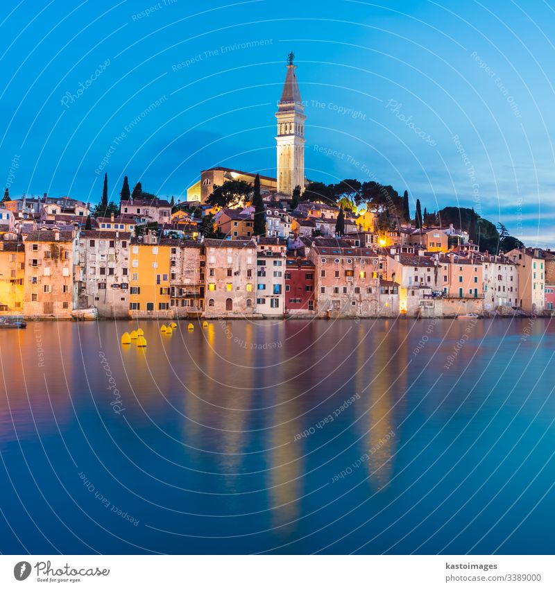 Colorful sunset of Rovinj town, Croatian fishing port on the west coast of the Istrian peninsula. rovinj croatia adriatic sea europe travel building destination