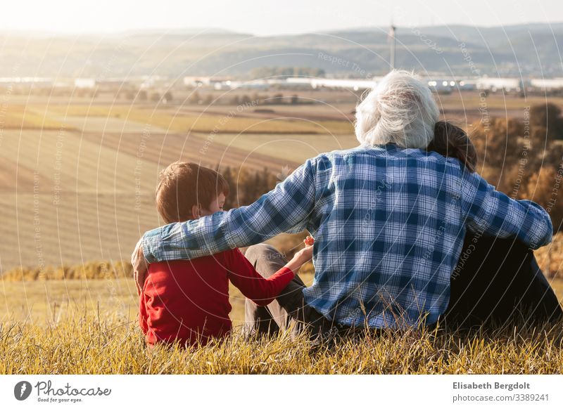 Little boy with his grandparents on an Asuflug in the vineyards Trip Bingen grandma Grandparents Grandchildren Love Together Generations Summer Grandmother