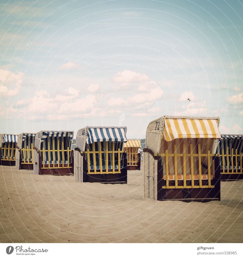 beach chairs Beach chair Row Stripe Striped Sand Sandy beach Ocean Baltic Sea vacation holidays off-season Low season voyage Relaxation Vacation & Travel Sky