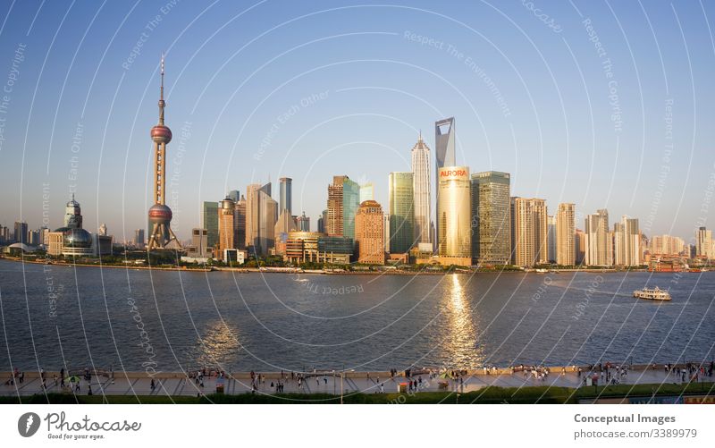 High view of pudong and the bund area of Shanghai in the afternoon shanghai china skyline asia city tower business chinese river architecture scene huangpu