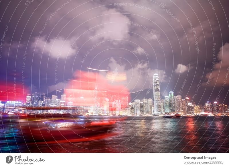 Tourist boat and Hong Kong skyline, Hong Kong, China. Asia. asia asian asian backdrop building business china chinese city cityscape crowded district downtown