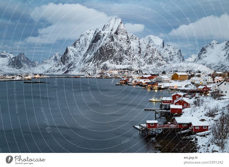 There at the fjord in front of a mountain Blue vacation famous Tourist Attraction Small Town Water Evening blue hour Wide angle Idyll Fishing village Island