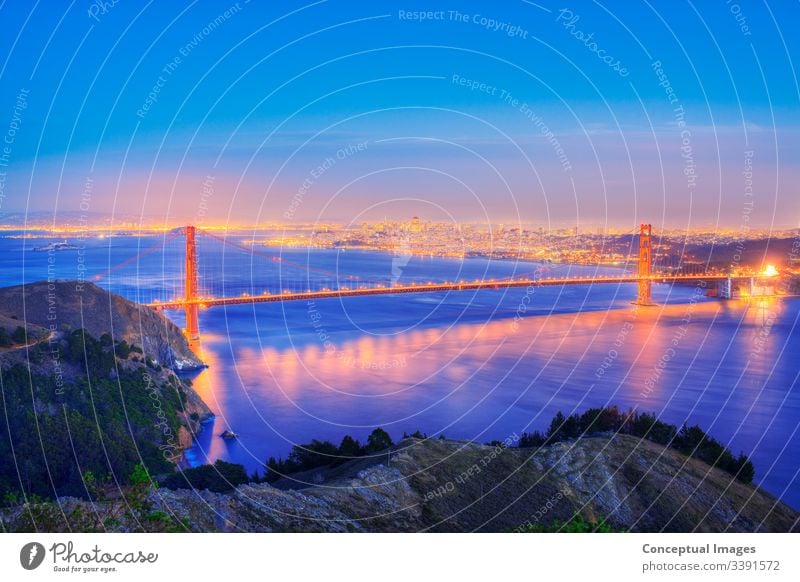 Elevated view of the Golden Gate Bridge at dusk, San Francisco, California, USA. america american architecture bay california city cityscape downtown