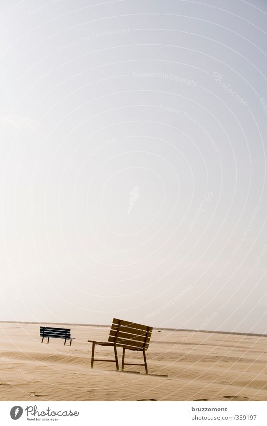 sandbank Sand Cloudless sky Climate Sit Wait Infinity Serene Horizon At odds with Bench Beach Walk on the beach Subdued colour Deserted Neutral Background