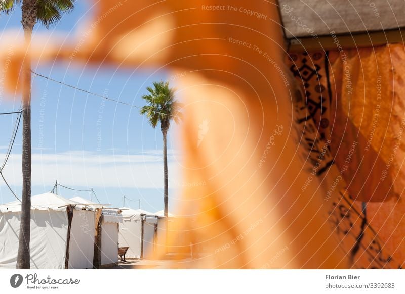 Closed market place with waving cloth on a promenade Markets stand Tent Marketplace Rag Covers (Construction) Structures and shapes Palm tree Sky concealment