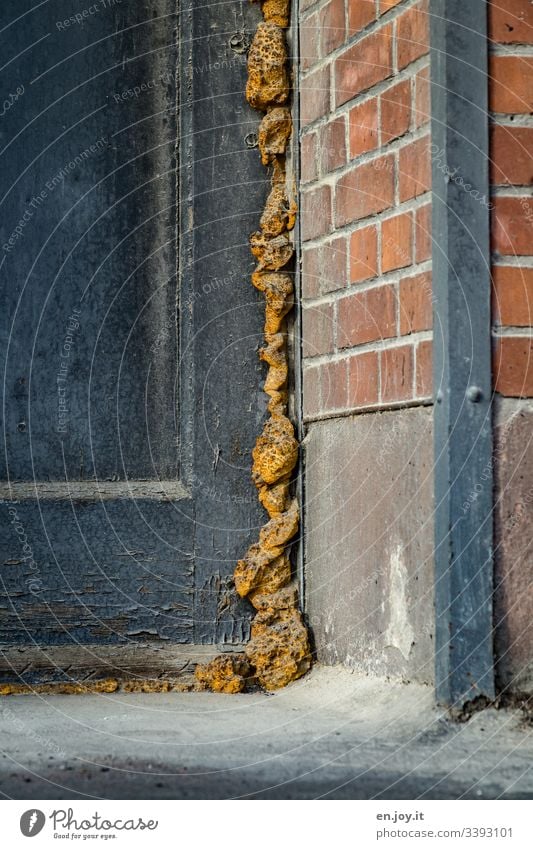 Old door in an old industrial building with foamed-in foam Door too Closed filth dirt Foam construction foam Part of a building partial view Wooden door