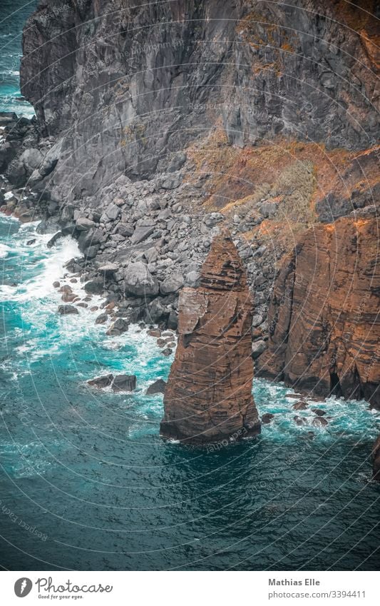 Big rock at the Atlantic coast in the Azores São Miguel Sao Miguel Atlantic Ocean Coast Exterior shot Brown Clouds Adventure Summer Water Blue Bird's-eye view