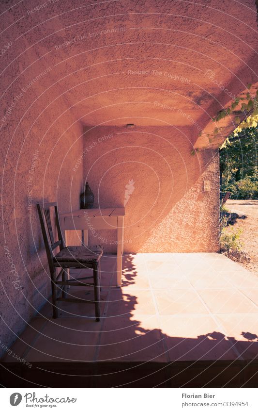 Shady place with table and chair on a covered terrace Summer Chair Table Terrace Sunbeam House (Residential Structure) Country house dwell South Garden pergola