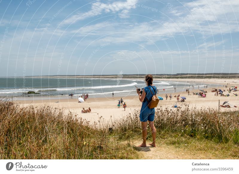 With the mate in her hand, the young woman overlooks the beach. Far-off places Summer Vacation & Travel Relaxation Beautiful weather Nature plants Marram grass