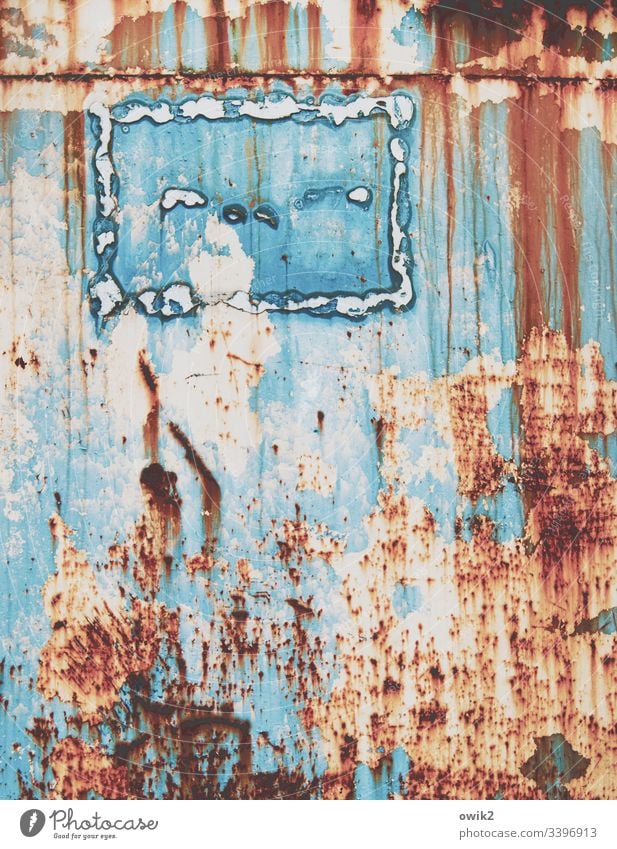 death metal Goal Door Tin Metal Colour Turquoise Rust Red Orange Tracks Decline Transience Gloomy Trashy Destruction Detail Deserted Old Exterior shot