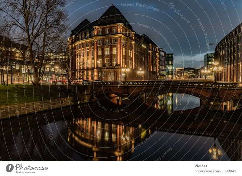 Hamburg, night, lights, long exposure City House Bridge Night clearer Long exposure Office Fleet Dark reflection Architecture