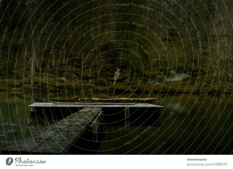 Quiet lake in the forest with jetty for fishing boat Exterior shot Deserted Day Contrast Subdued colour Colour photo Gloomy Cold Wet Dark Lake Wood Old Water