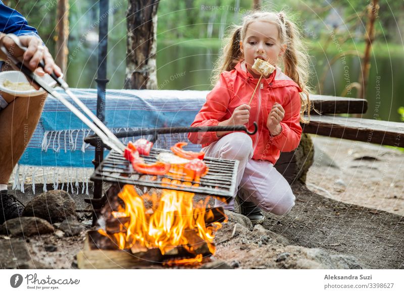 Man and his little daughter having barbecue in forest on rocky shore of lake, making a fire, grilling bread, vegetables and marshmallow. Family exploring Finland. Scandinavian summer landscape.