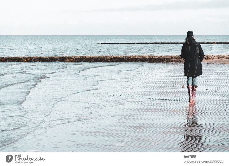 Woman with red striped rubber boots walks alone on the beach in winter Rubber boots Red red rubber boots Legs Boots North Sea coast Mud flats watt Landscape